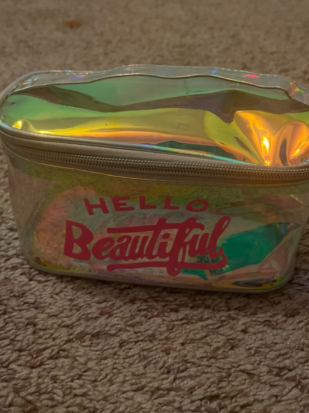 Iridescent 'Hello Beautiful' Cosmetic Pouch in Pink Lettering
